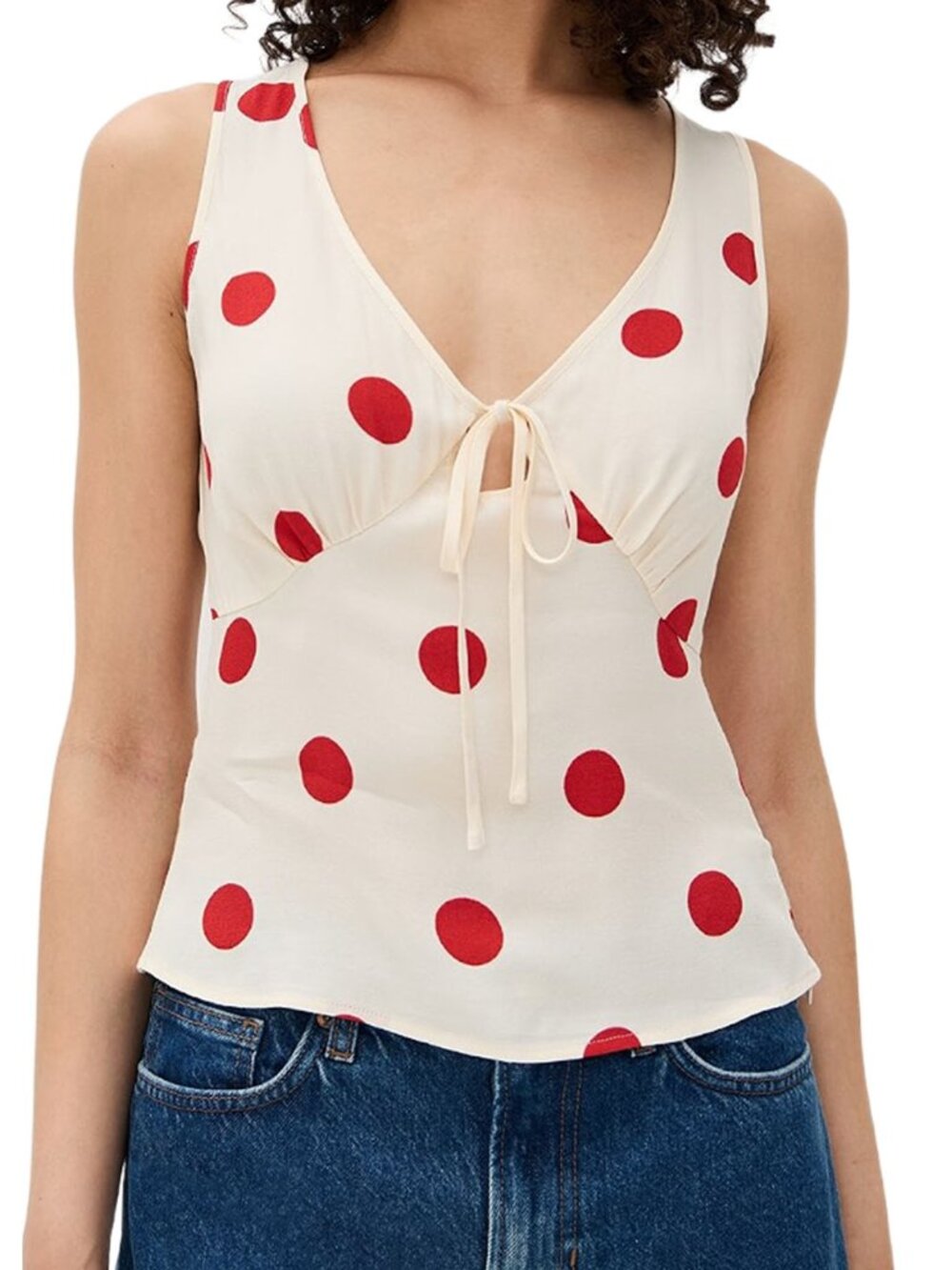 NWT Reformation Miri Top Carmona Dot Polka Dot Tie Cream Red V-Neck 2
